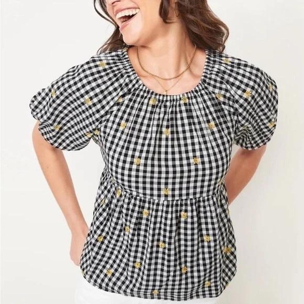 Old Navy Black White Gingham Plaid Yellow Daisy Embroidered Puff Sleeve Blouse